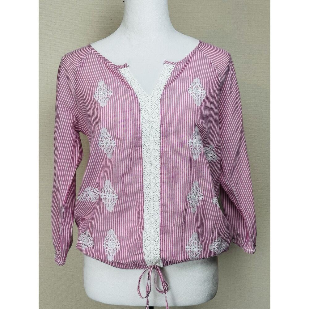 Women's Pink White Striped Top Embroidered Lace Elastic Waist 3/4 Sleeves